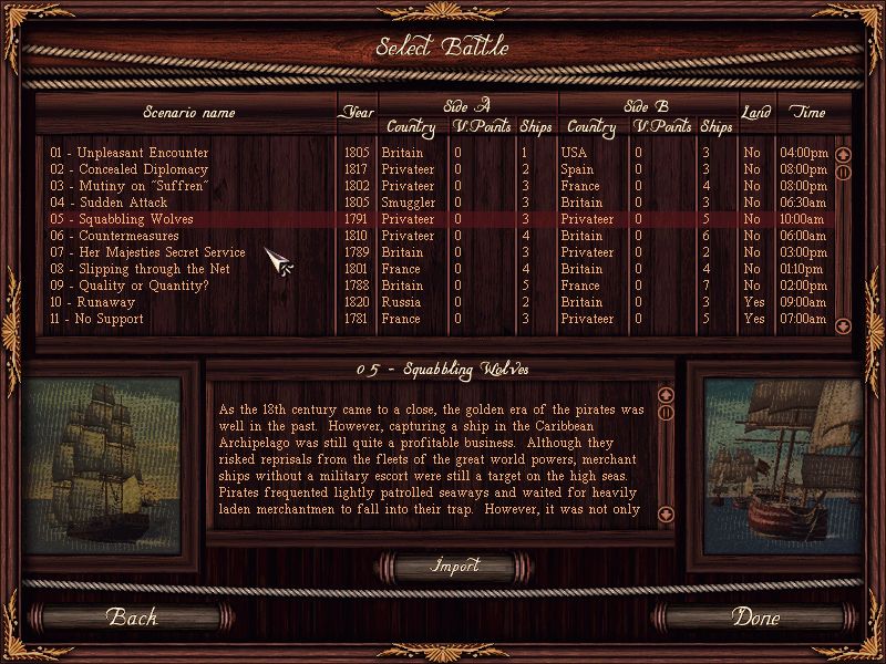 Age of Sail II: Privateer's Bounty (Windows) screenshot: Single Battle Selection