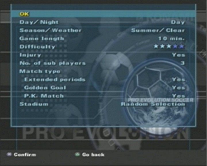 Pro Evolution Soccer (PlayStation 2) screenshot: Match Start-up Screen