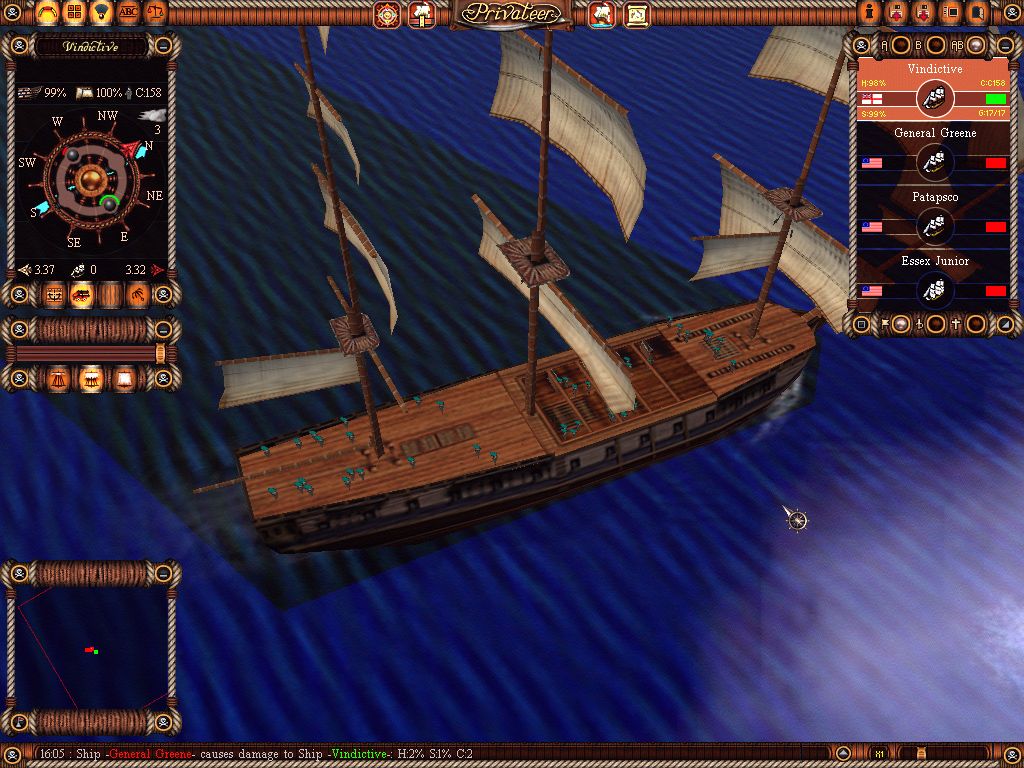 Age of Sail II: Privateer's Bounty (Windows) screenshot: Zoomed into maximum you can see crew members aboard the ship attending to tasks.