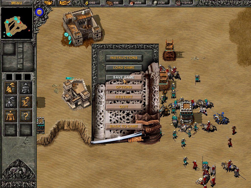 Tzar: The Burden of the Crown (Windows) screenshot: In such situations, saving can be a saviour, especially since you can easily loose your hero if surrounded by enemy troops.