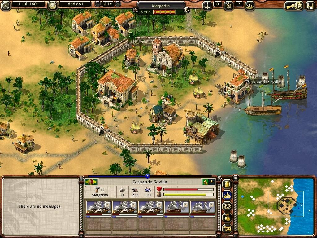 Port Royale 2 (Windows) screenshot: The view of a typical town. Town buildings are within the walls, businesses and housing are built outside.