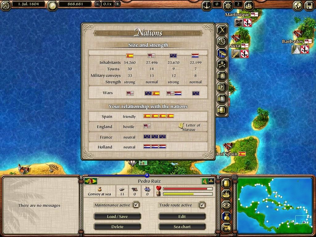Port Royale 2 (Windows) screenshot: Summary of the four nations' attitudes towards me and each other.