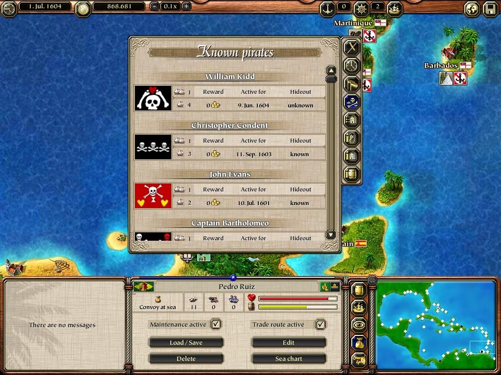 Port Royale 2 (Windows) screenshot: List of currently-active pirates and their fleet strength.