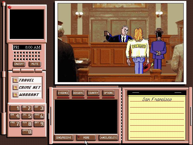 Where in the World Is Carmen Sandiego? (Deluxe Edition) (DOS) screenshot: The defendant standing trail