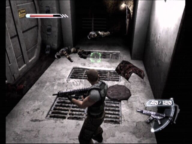 Psi-Ops: The Mindgate Conspiracy (Xbox) screenshot: Enemies rarely die the same way, and you can use telekinesis to throw around their bodies.