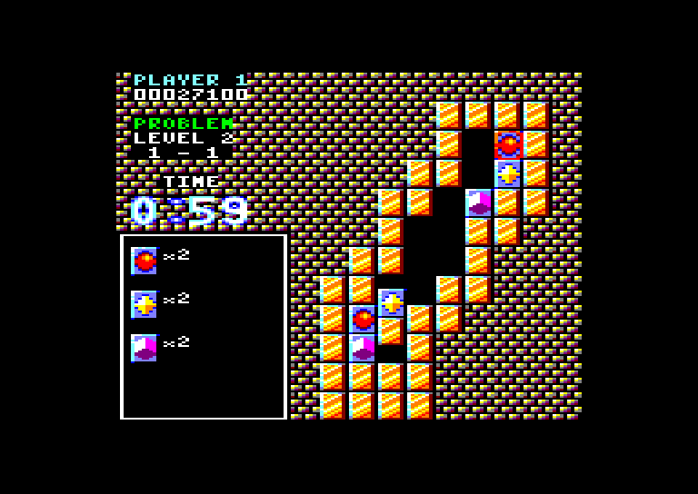 Puzznic (Amstrad CPC) screenshot: Some puzzles, like this one, have moving pieces