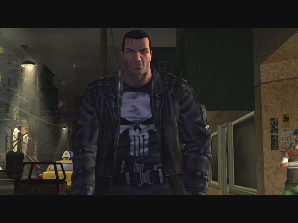 The Punisher (Windows) screenshot: Punisher telling story to officers