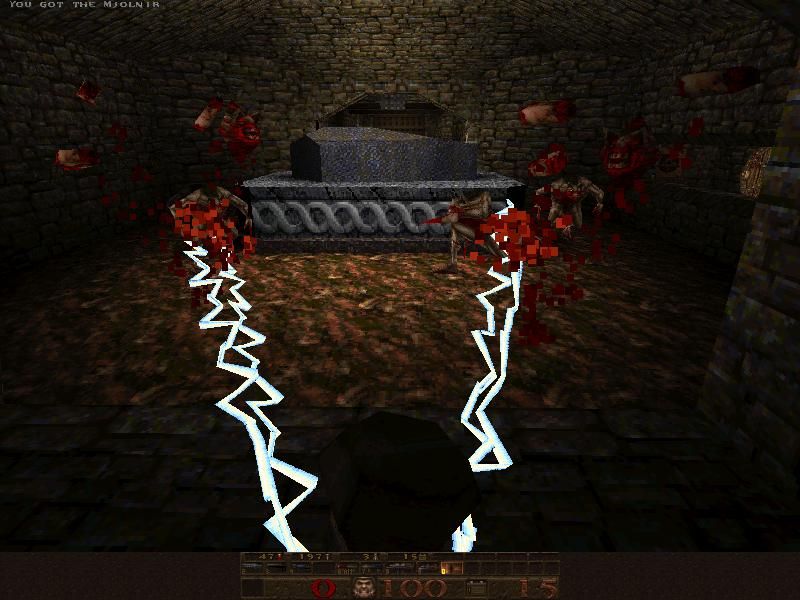 Quake Mission Pack No. I: Scourge of Armagon (DOS) screenshot: The ultimate weapon Mjolnir - produces beams of lightning striking your enemies.