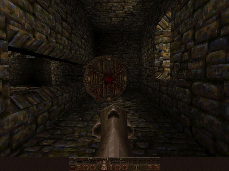 Quake Mission Pack No. I: Scourge of Armagon (DOS) screenshot: New item Empathy Shield. Splits received damage between player and attacking monster.