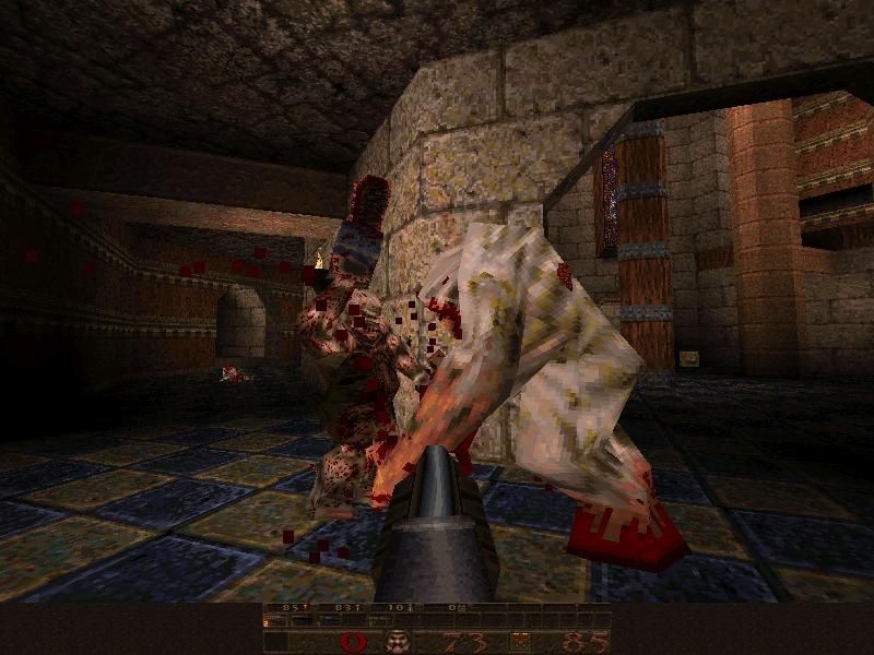 Quake Mission Pack No. I: Scourge of Armagon (DOS) screenshot: Summoned Ogre in the middle of a battle with Shambler.
