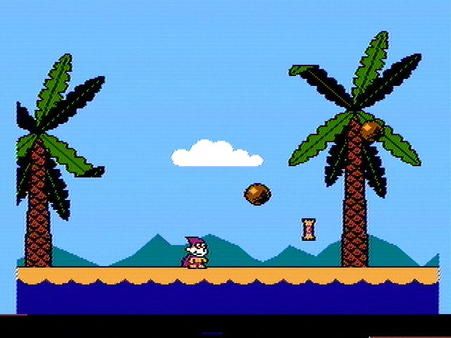 Quattro Adventure (NES) screenshot: Falling coconuts at the beach (Linus Spacehead)