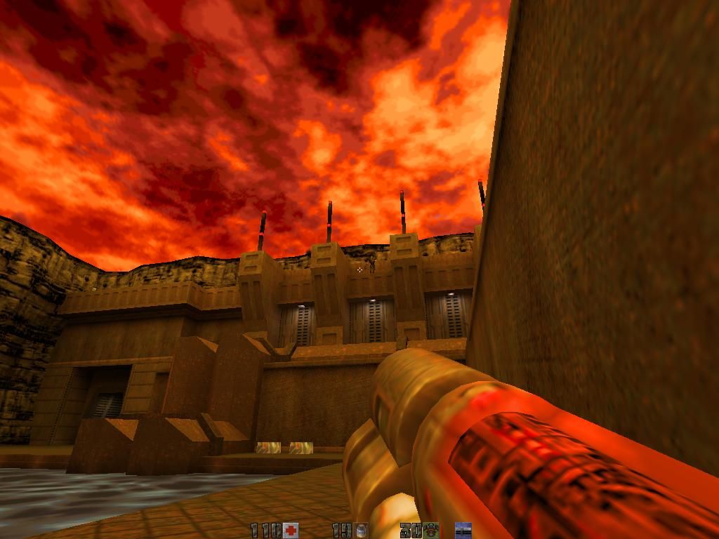 Quake II Mission Pack: The Reckoning (Windows) screenshot: A sniper on a wall. A little bit difficult to see him.