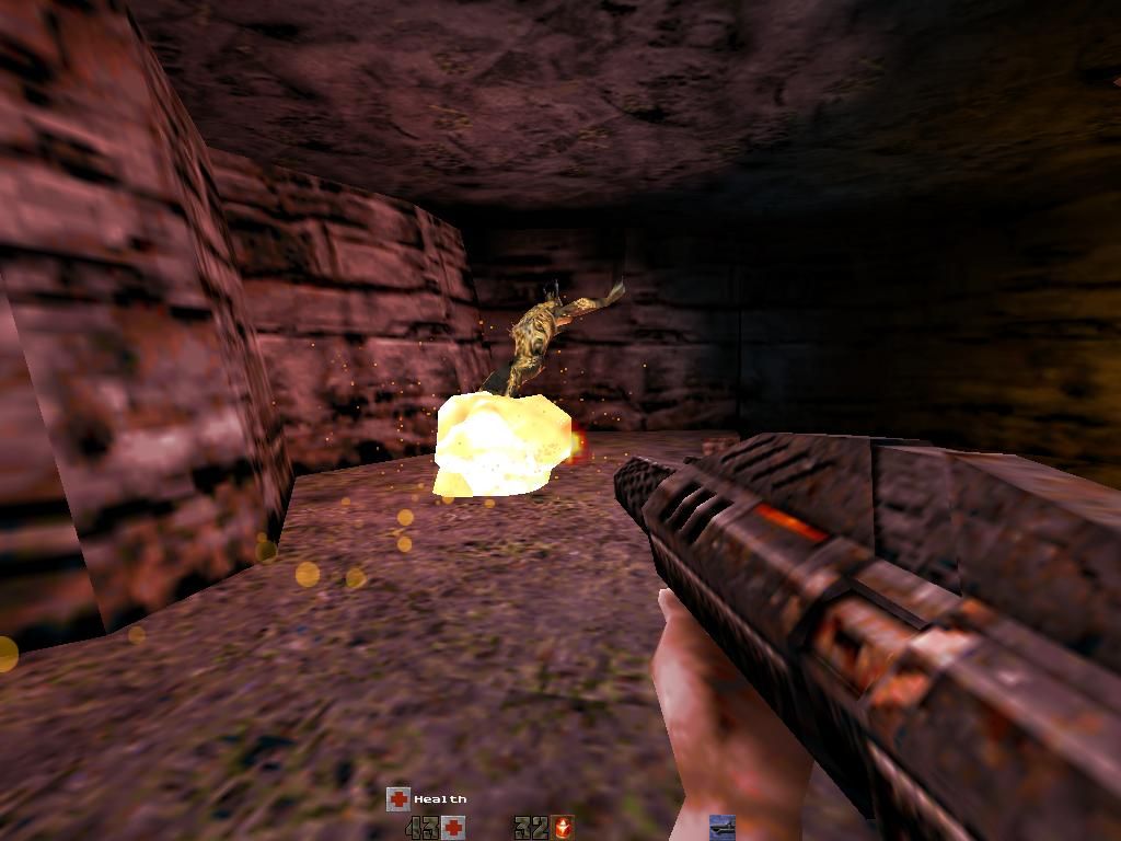 Quake II Mission Pack: The Reckoning (Windows) screenshot: Phalanx Particle Cannon against a GEKK.