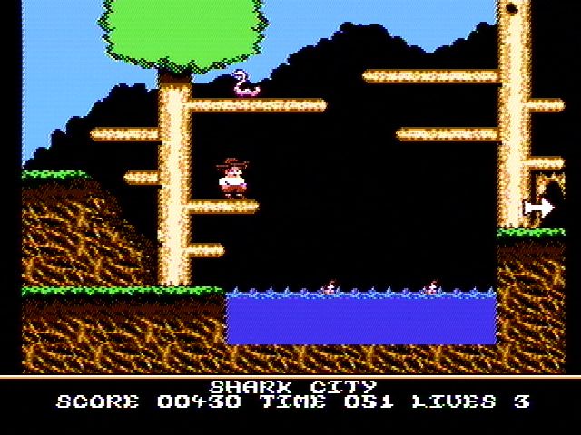 Quattro Adventure (NES) screenshot: Avoid the sharks! (Boomerang Kid)