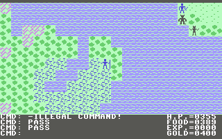Ultima II: The Revenge of the Enchantress... (Commodore 64) screenshot: There are enemies across the water, and I am standing at a tower.