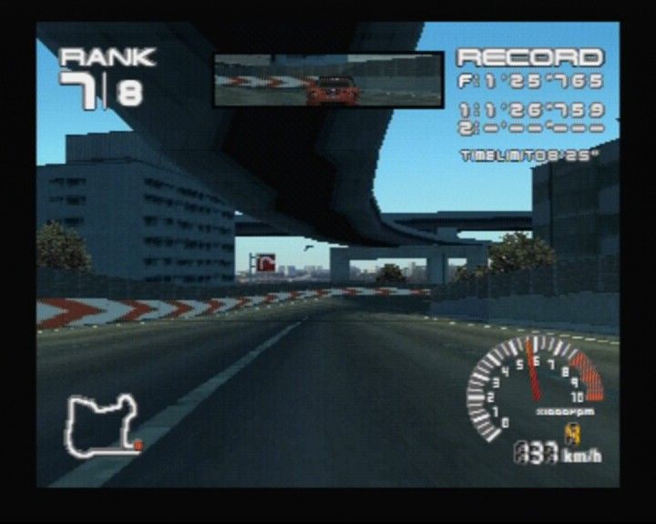 R4: Ridge Racer Type 4 (PlayStation) screenshot: While in first person mode, you can see when someone's tailing you