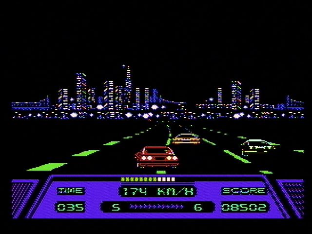 Rad Racer (NES) screenshot: Racing towards San Francisco