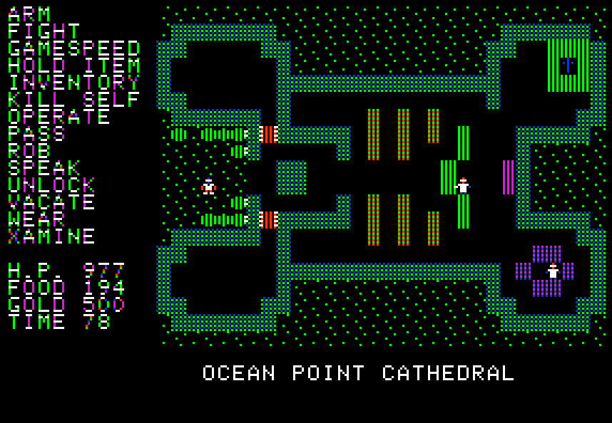 Questron (Apple II) screenshot: The cathedrals are a haven of safety, as well as an excuse to explore the world, a worldwide pilgrimage.