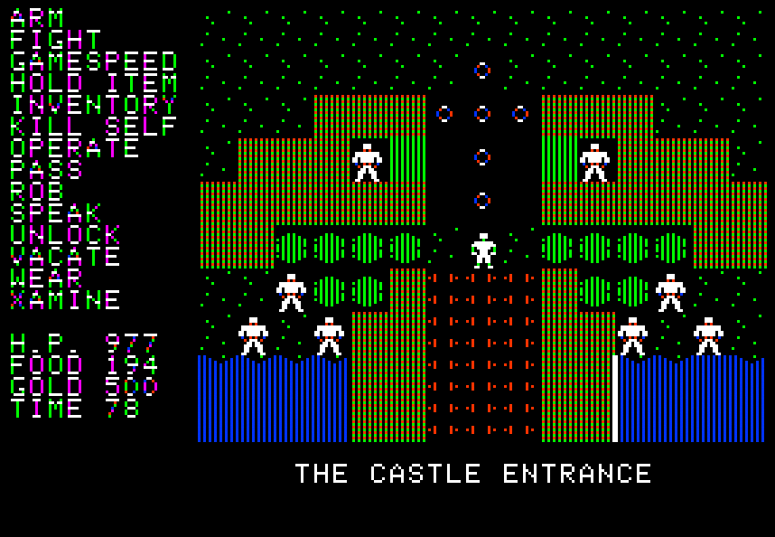 Questron (Apple II) screenshot: Eventually you will make your way to the castle, home of the king, the princess and...?