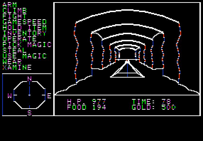Questron (Apple II) screenshot: This dungeon is multi-leveled. The triangle supports a rope, leading down into a hole in the floor.