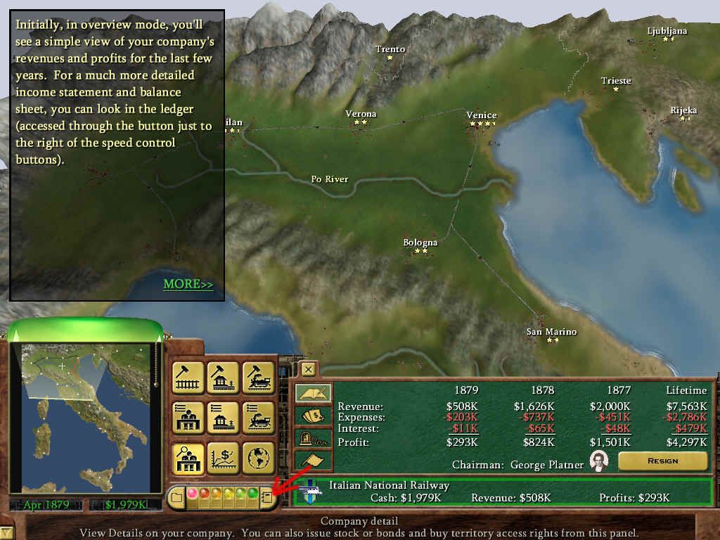 Railroad Tycoon 3 (Windows) screenshot: The game includes two tutorials; one for basics, and the other for the stock market and finanical aspects.