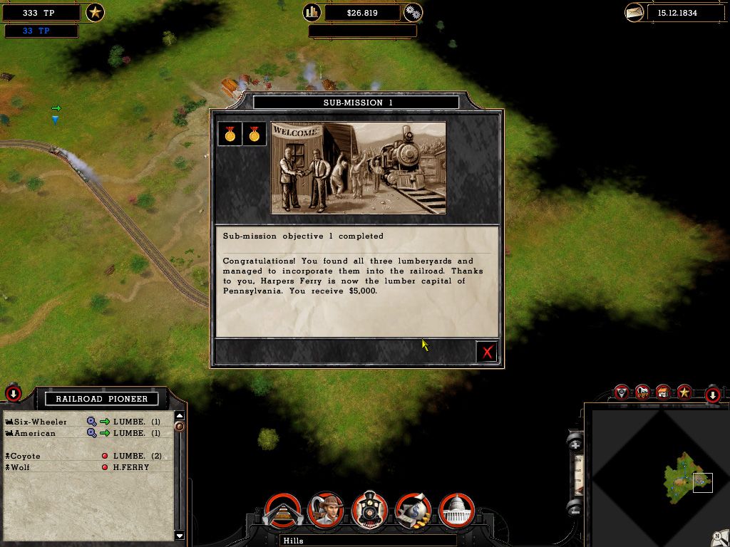 Railroad Pioneer (Windows) screenshot: Lesser objectives are worth a lot of points and money