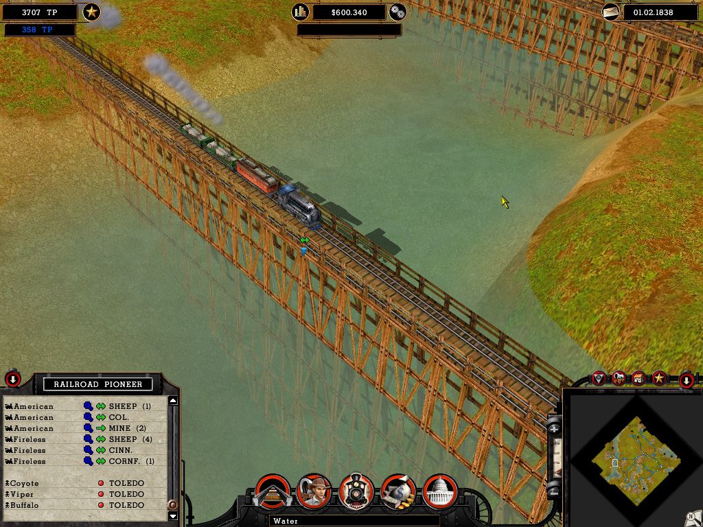 Railroad Pioneer (Windows) screenshot: Bridges are used to cross water