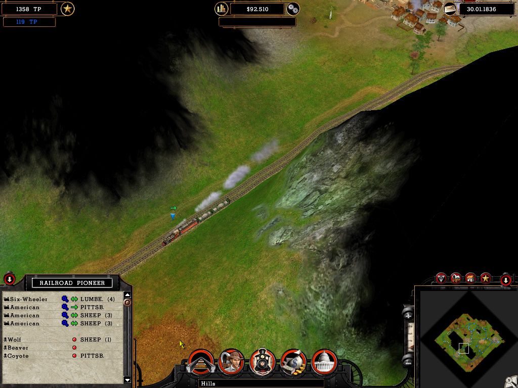 Railroad Pioneer (Windows) screenshot: The railroad travels a mountain pass