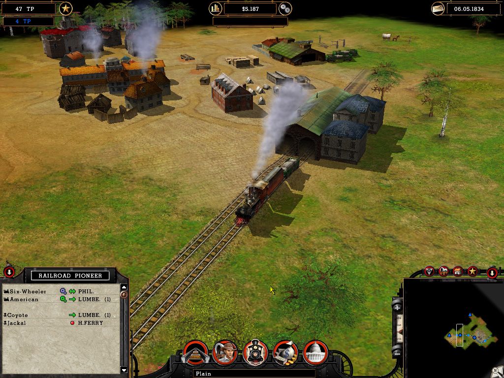 Railroad Pioneer (Windows) screenshot: A nice view of a train leaving the station
