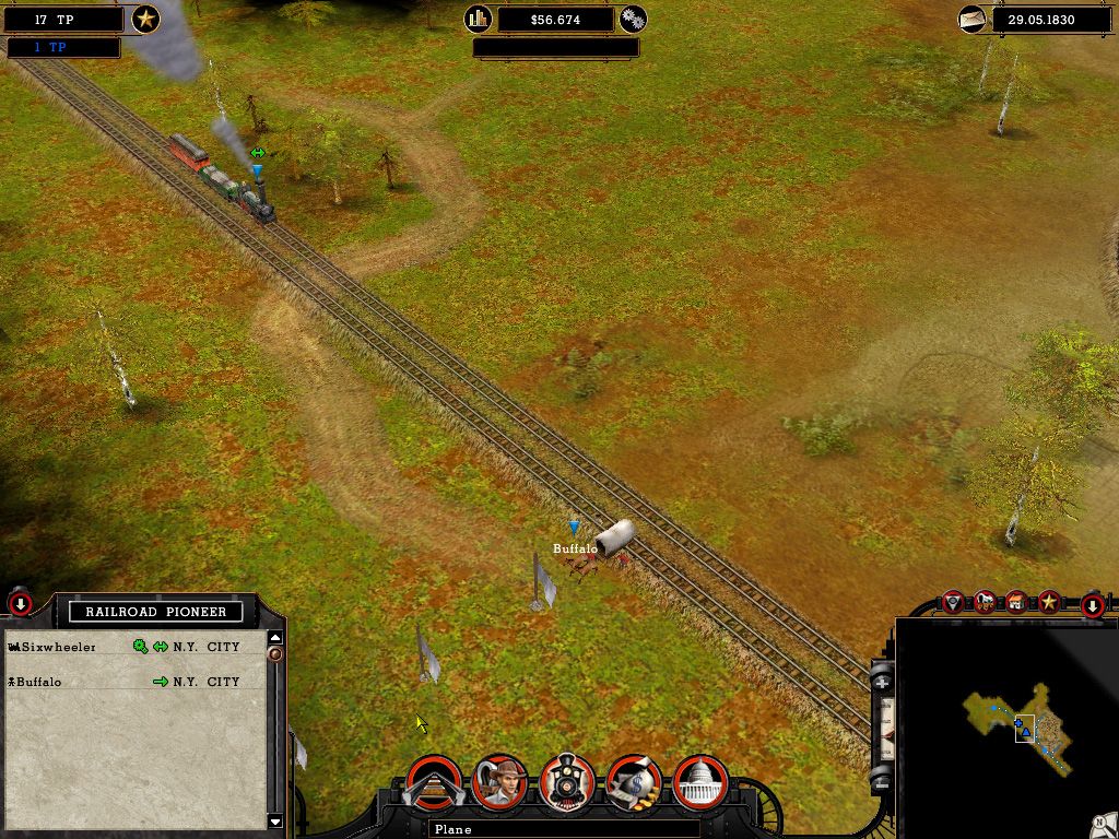 Railroad Pioneer (Windows) screenshot: Exploration units know enough not to get hit by trains