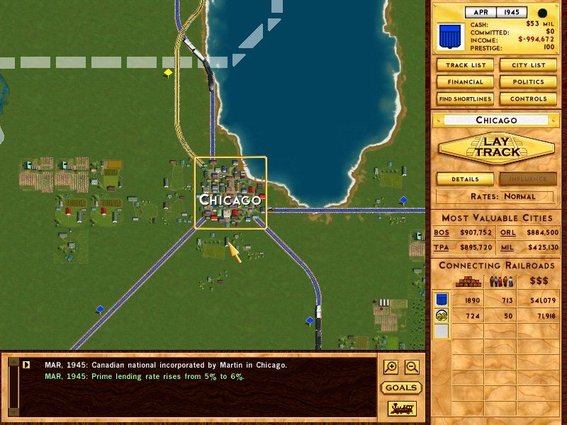 Rails Across America (Windows) screenshot: The map view
