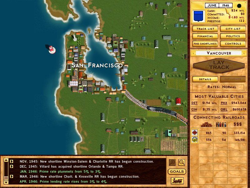Rails Across America (Windows) screenshot: The map view, zoomed in