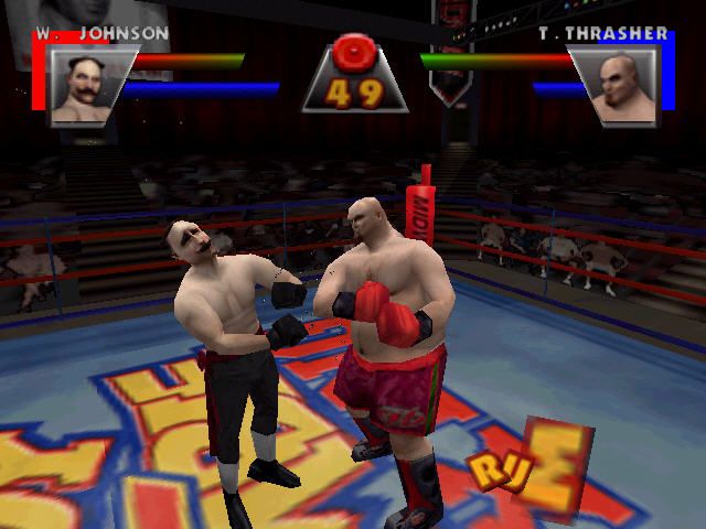 Ready 2 Rumble Boxing (Nintendo 64) screenshot: Big Willy getting thrashed by Thrasher