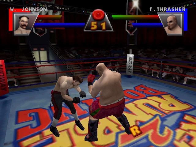 Ready 2 Rumble Boxing (Nintendo 64) screenshot: Thrasher about to beat old willy