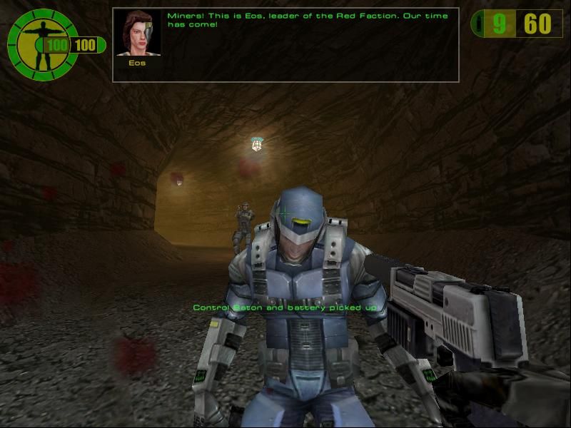 Red Faction (Windows) screenshot: Close range or far, one shot in the head will suffice. Other parts of body are protected by the suit so you'll need more shots to achieve the same.