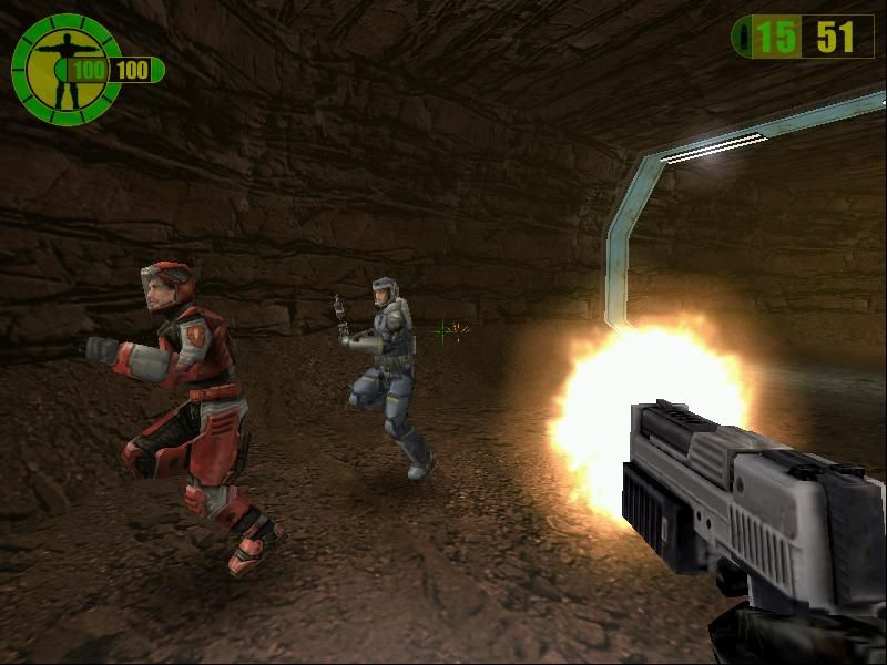 Red Faction (Windows) screenshot: Saving your fella miner... but for how long?