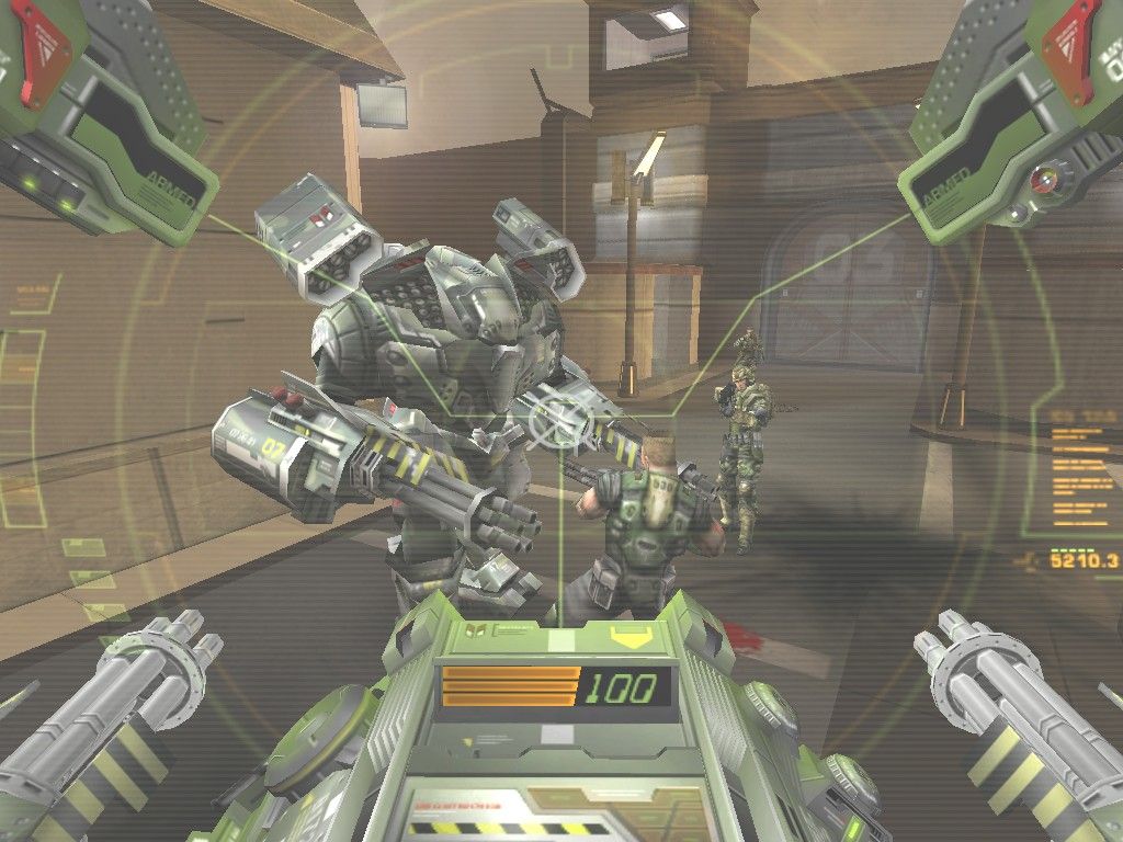 Red Faction II (Windows) screenshot: Even enemy Battle Armor is no match for Repta's might. With the tag team of you inside a Battle Armor of your own and Repta on foot, nothing can stand in your way.