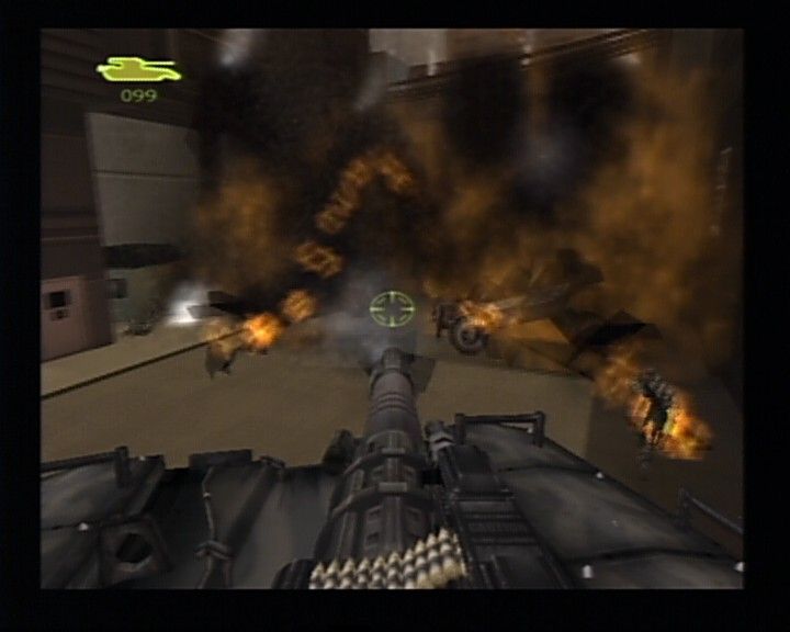 Red Faction II (PlayStation 2) screenshot: The real fun starts when you hop on board the tank and start dealing some ammo gifts.