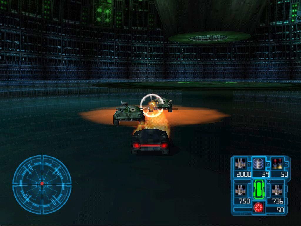 Redline (Windows) screenshot: Vehicle combat against the Lepers inside Area 51