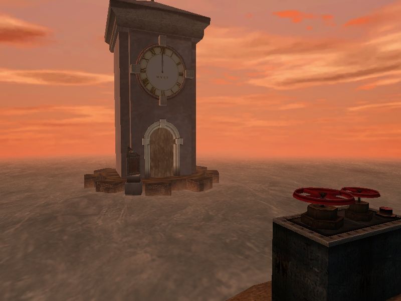 Real Myst (Windows) screenshot: It's dusk... Magnificent effects on the sky... and a surreal view