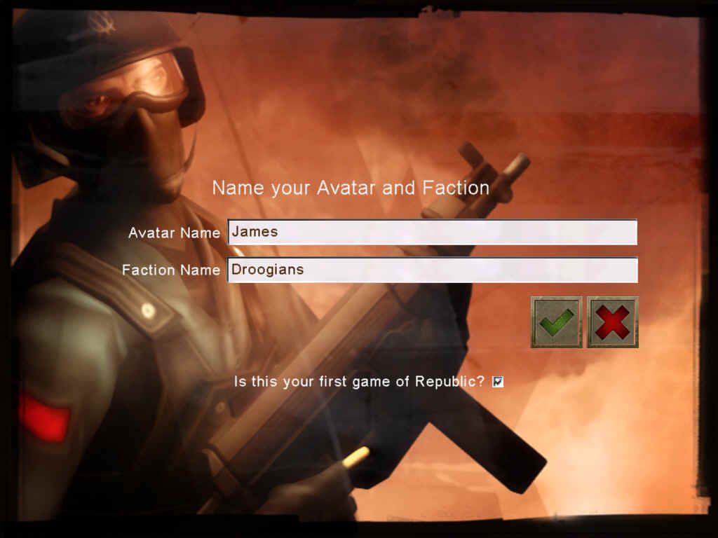 Republic: The Revolution (Windows) screenshot: You name your character, and name the faction you wish to lead.