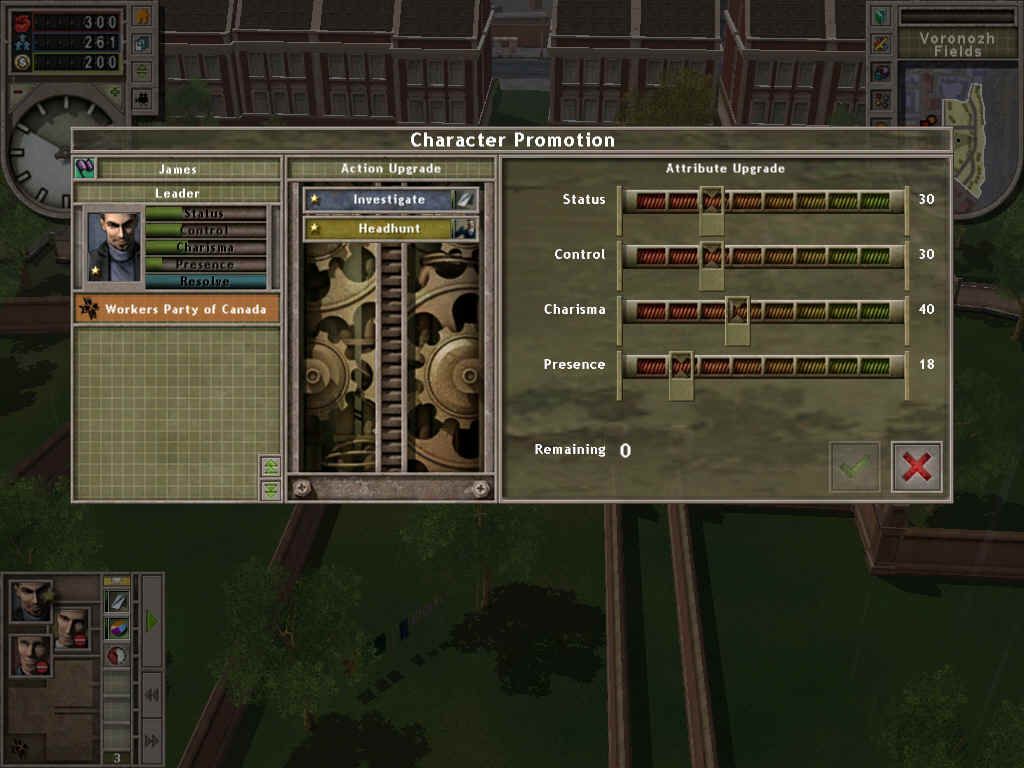 Republic: The Revolution (Windows) screenshot: After enough success, you can upgrade your characters, increasing stats and abilities.