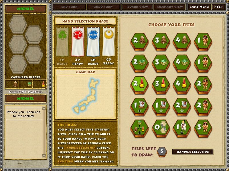 Reiner Knizia's Samurai (Windows) screenshot: On higher difficulty settings, you can choose your starting tiles and ...