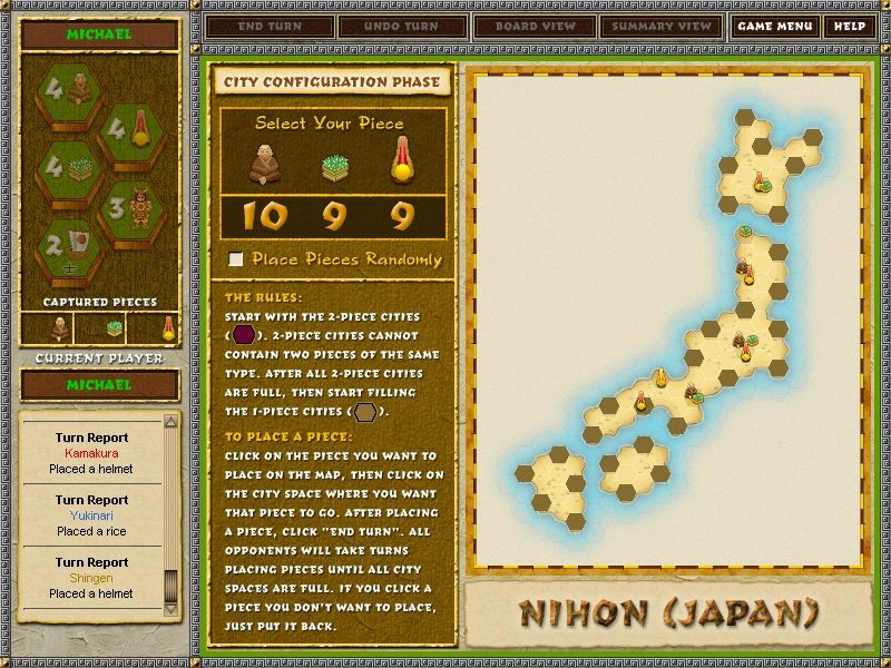 Reiner Knizia's Samurai (Windows) screenshot: ... place pieces on cities.
