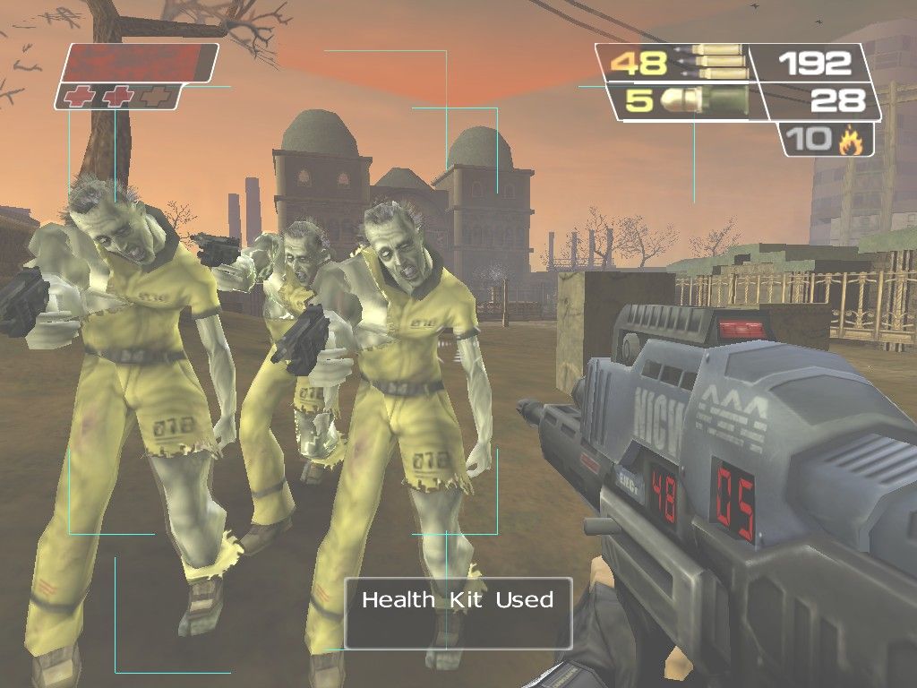 Red Faction II (Windows) screenshot: Alias fights some zombie-like Processed Civilians inside a cathedral cemetary. The Processed are inferior nano-augmentations, and although incredibly tough they're also incredibly stupid