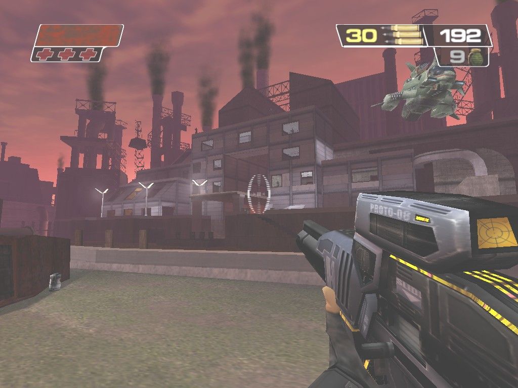 Red Faction II (Windows) screenshot: This Hogan's Alley-type level consists entire of a sniper fight against many enemy snipers camped out in the far building