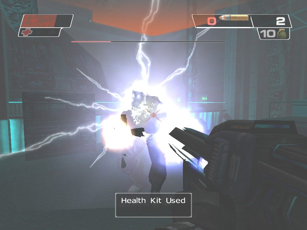 Red Faction II (Windows) screenshot: This boss has been nano-augmented so much he glows in the dark! He's got an electrifying personality, even though his vocabulary consists entire of "Kill!" and "Hate!"