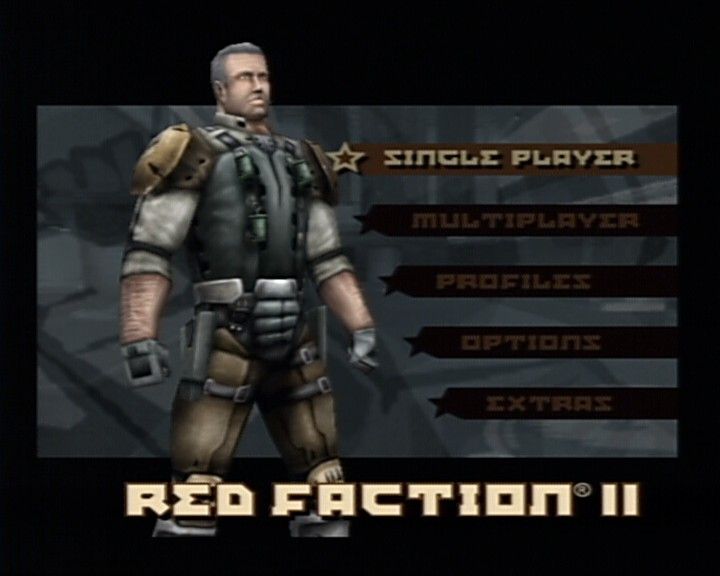 Red Faction II (PlayStation 2) screenshot: Main Menu (with randomly selected ingame character model)