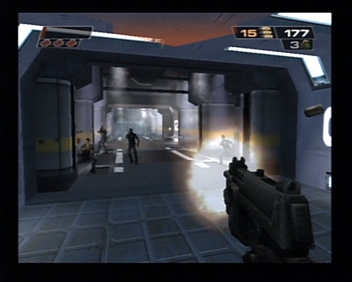 Red Faction II (PlayStation 2) screenshot: Seriously outnumbered yet you're the one that has to advance.