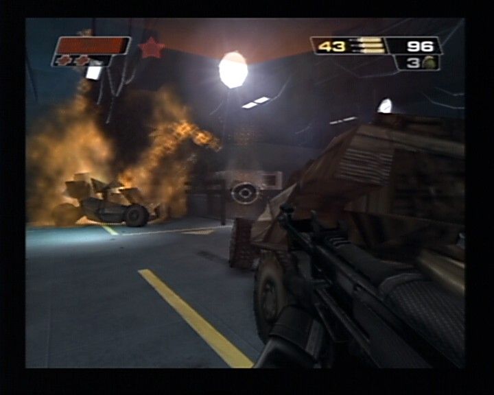 Red Faction II (PlayStation 2) screenshot: When you see red star on your screen, that just indicates your heroism went down... either for allied casualties, or you blew up something you shouldn't.